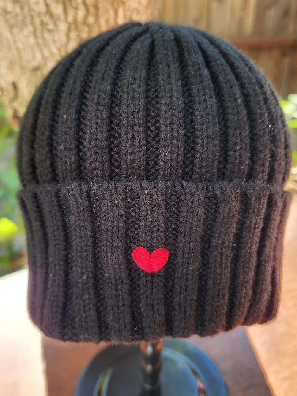 Black Ribbed Knit Beanie Red Embroidered Heart Cuffed Winter Hat